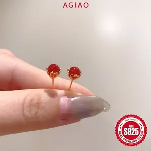 AGIAO Anting Emas Bentuk Hati Agate Merah Vintage 5mm Wanita