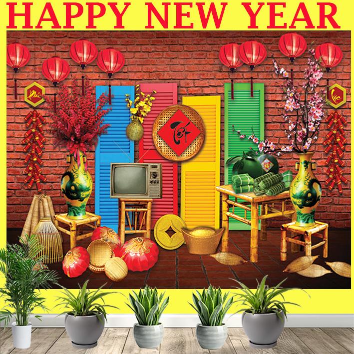 Tranh Vải Trang Trí Tết Size Lớn 3m, Thảm Trang Trí Decor Tiểu Cảnh Tết Có Tặng Kèm Đèn Cho Size Lớn Trở Lên, Phông Trang Trí Và Chụp Hình Tết