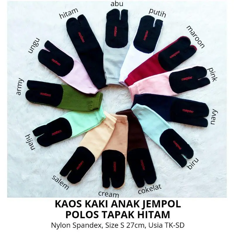 Kaos Kaki Anak Jempol Polos Tapak Hitam Fashion  Size S (Nylon Spandex, Usia TK-SD, Laki2/Perempuan)