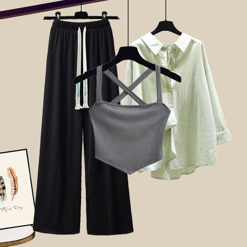 Product Introduction of plus Size Women's Summer Suit Female 2024 New Slim Korean Style Shirt Cross Tank Top Wide Leg Pants Three-Piece Suit Suit 16