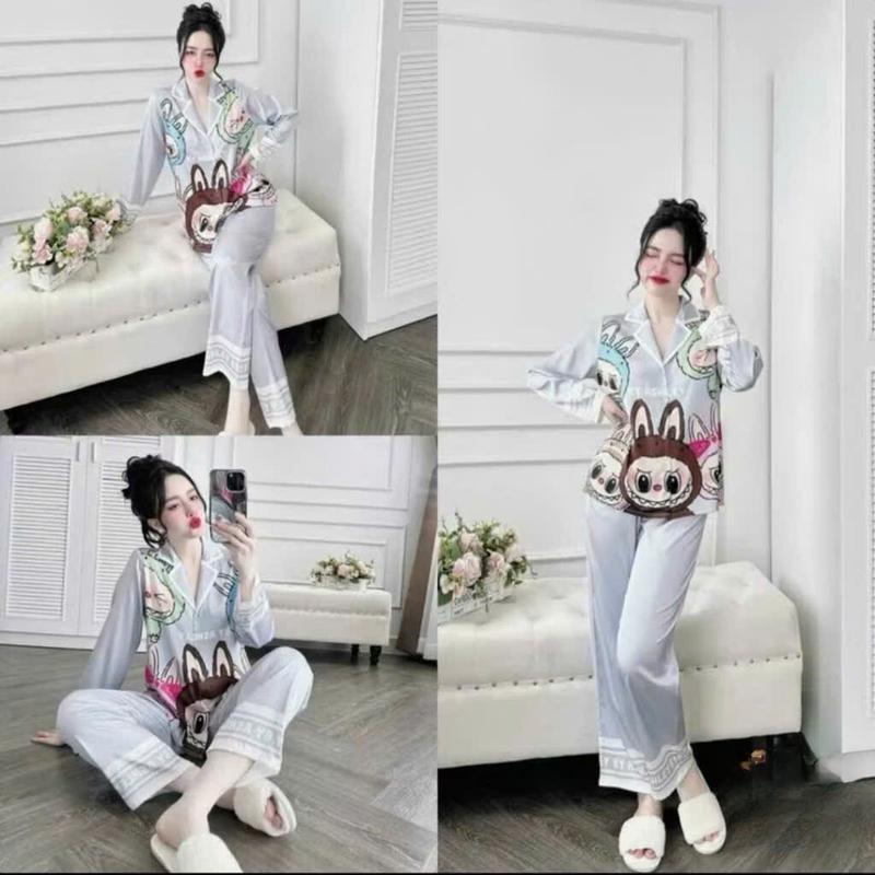 Bộ đồ ngủ mặc nhà dài tay in hình vải satin cao cấp - Bộ pijama hoạt hình dễ thương Nữ Women Quần Ngủ Áo Ngủ 4