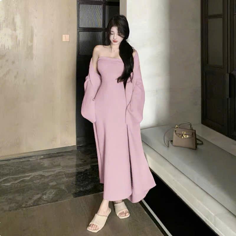  Bộ sét len cup ngực + áo khoác cardigan dáng dài Nữ Women 