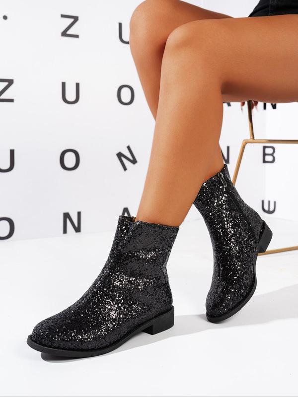 Women's Glitter Zipper Design Ankle Boots, Elegant Round Toe Chelsea Boots for Fall & Winter, Female All-match Trendy Shoes for Daily Wear Girl Footwear 2