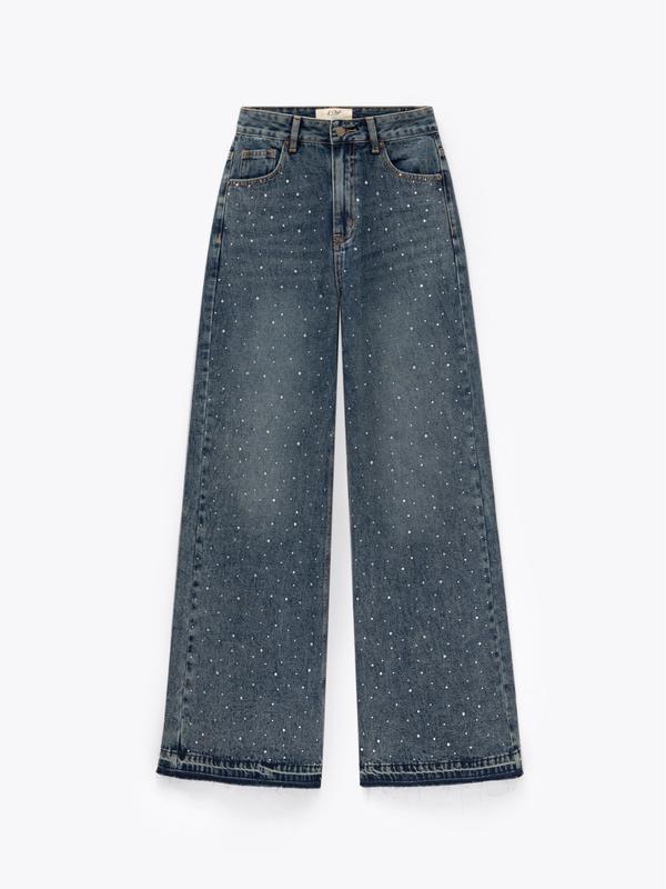 Quần Jeans nữ ống rộng cạp cao đính đá phong cách thời trang thiết kế K Closet - Q2001