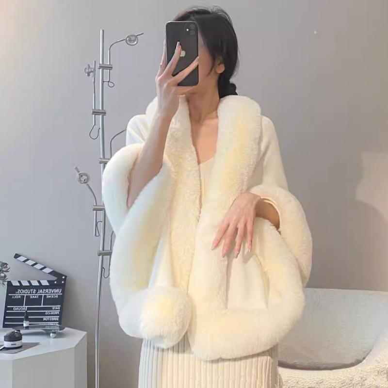 Khăn Choàng Trắng Viền Lông Bản Lớn Lót Lông Dành Cho Nữ - Áo Quàng Cổ Women