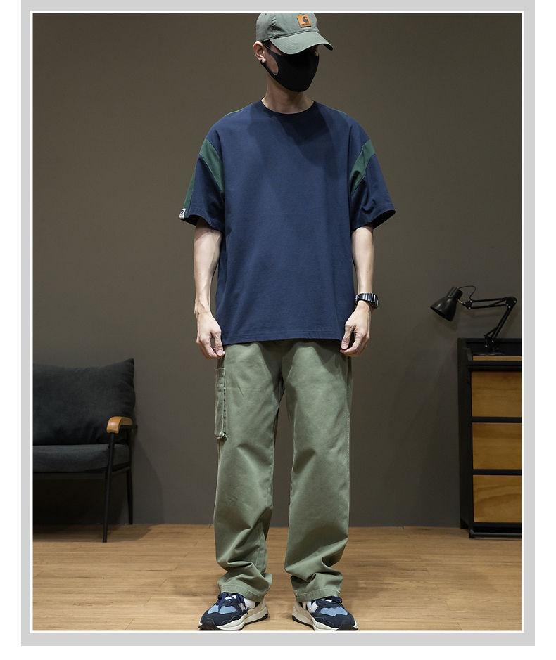 Product Introduction of 2023 New Summer Trendy Japanese Style Patchwork Color Block Regular Shoulder Short Sleeve T-Shirt Men Drop Shoulder Half Sleeve Men's Youth T-Shirt 4