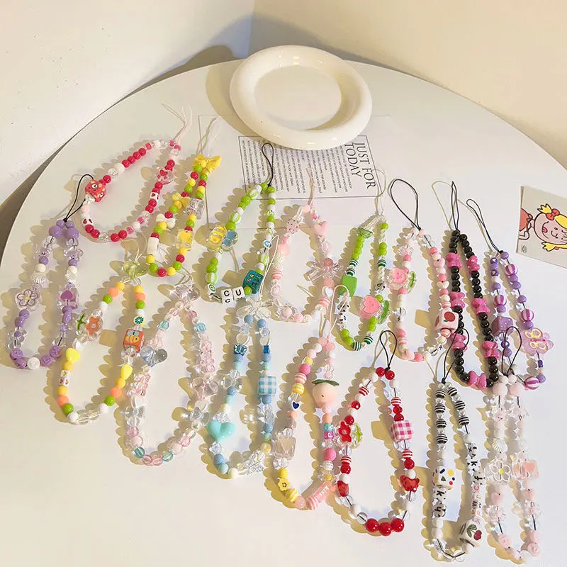 Colourfull Lanyard Strap Accessories Korean Style Hot New Spring Flower Pink Tulip Mobile Phone Case Chain Anti-Lost Soft Pottery Lanyard Pearl Acrylic Bead Colorful Portable Wrist Strap Rope Pendant y2k bracelets 1