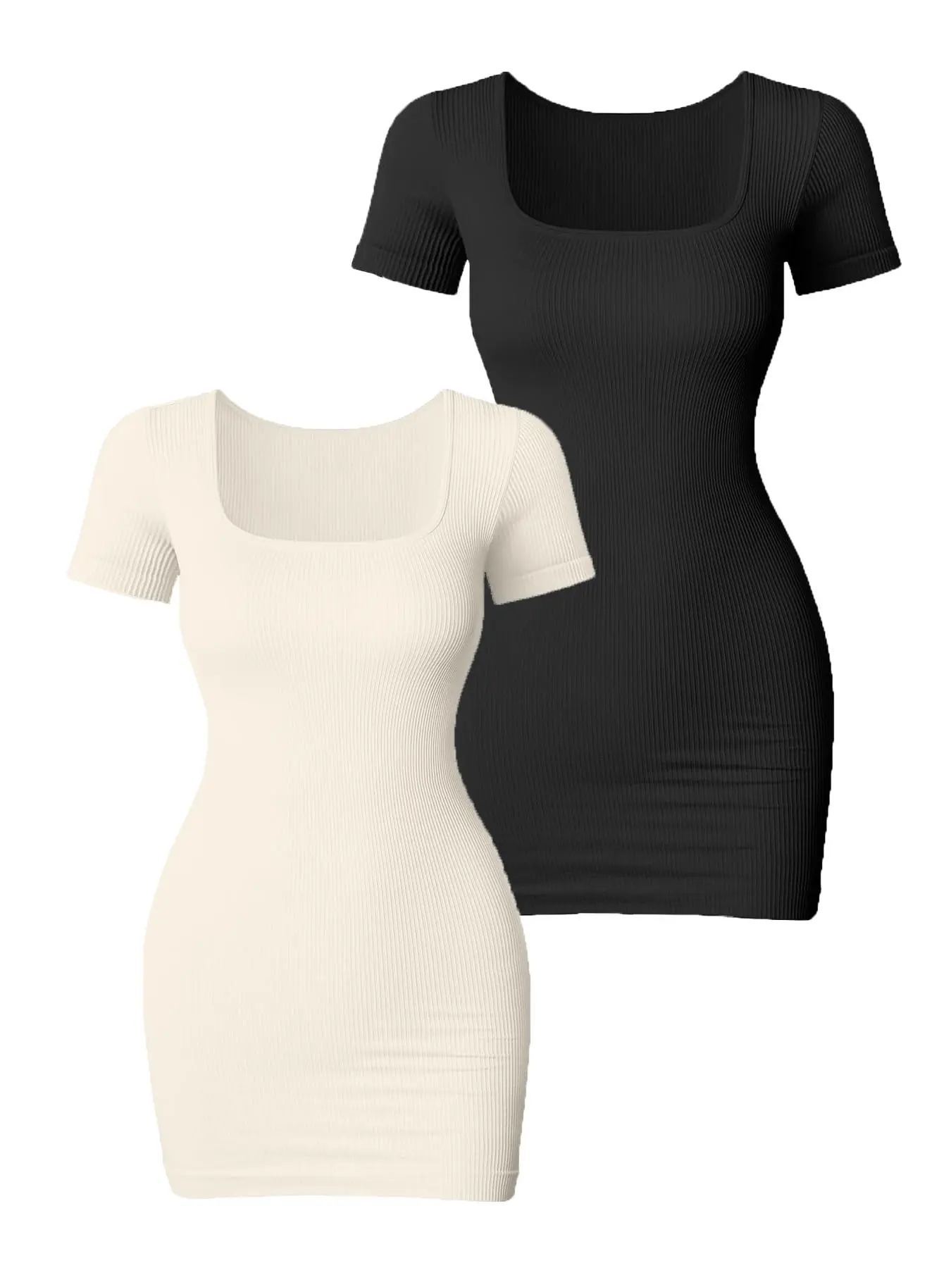Women's Solid Ribbed Square Neck Sports Dress, Casual Sporty Short Sleeve Bodycon Dress for Daily Outdoor Wear, Ladies Sportswear for All Seasons, Activewear