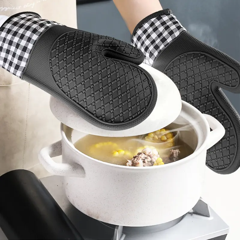 Găng tay cách nhiệt bằng silicon, chống trượt, chiều dài, dày, chịu nhiệt độ cao, thiết bị chống bỏng nhà bếp 0