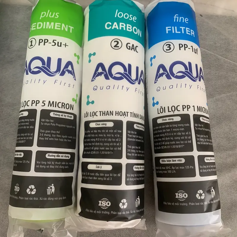 Bộ lõi lọc nước Aqua first 1,2,3 bao gồm lõi 1 Pp 5, lõi 2 than hoạt tính OCB - GAC, lõi 3 PP 5, dùng thay thế cho máy lọc RO thông thường cốc 10 inch, lọc tạp chất , rong rêu, bùn đất, mùi màu không tốt trong nước 3
