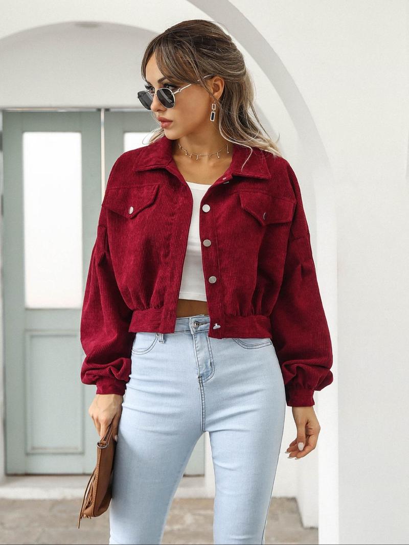 Product Introduction of Women's Plain Pocket Button Front Lantern Sleeve Ruched Jacket, Coats for School, Casual Drop Shoulder Long Sleeve Collar Outerwear for Daily Wear, Jackets for Women, Ladies Clothes, Back To School Clothes, Gen Z Corporate Outfit,  Winter Coats 2024 7