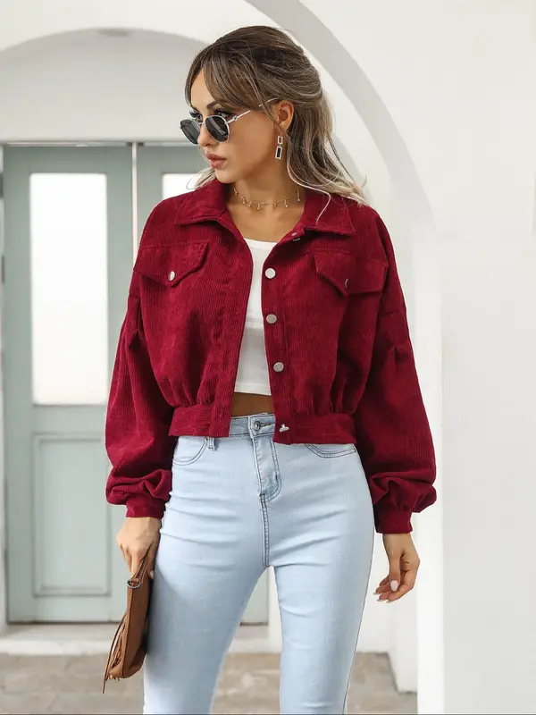 Women's Plain Pocket Button Front Lantern Sleeve Ruched Jacket, Coats for School, Casual Drop Shoulder Long Sleeve Collar Outerwear for Daily Wear, Jackets for Women, Ladies Clothes, Back To School Clothes, Gen Z Corporate Outfit,  Winter Coats 2024 2