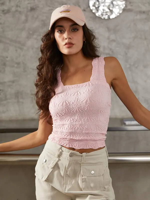 Women's Floral Embossed Sports Tank Top, Casual Solid Textured Sleeveless Sports Top for Yoga Gym Workout, Ladies High Stretch Sportswear for All Seasons, Soft Top Women 6