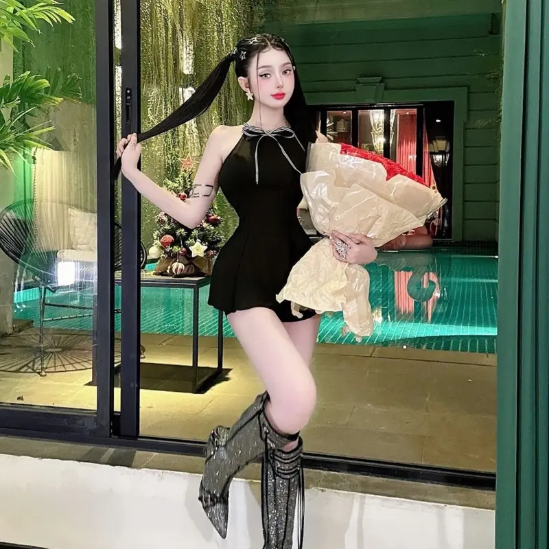 Set áo peplum cổ yếm nơ xẻ tà mix quần short cotton 2
