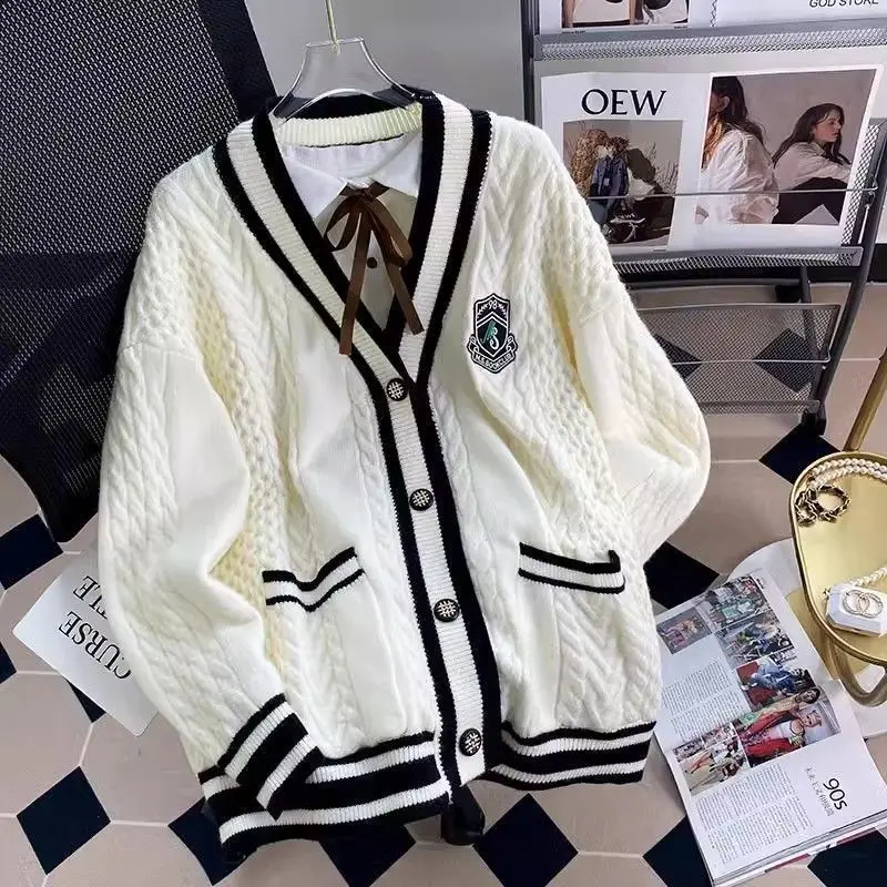 Áo Khoác Len Cardigan Phong Cách Preppy Dáng Rộng Rãi Phong Cách Hàn Quốc, Cho Bé Gái, Hàng Mới Về Mùa Thu 2024