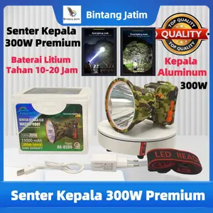 Senter Kebala Loreng LED 300W Premium Baterai Lithium Tahan 10-20 Jam Lampu Kepala Full Aluminium