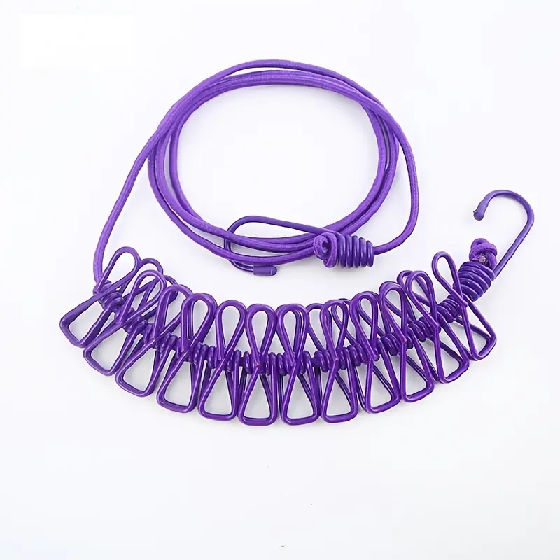 1Pc Retractable Portable Travel Clothesline, Clothing Line with 12 One Clothespin, Indoor Clothing Drying Line, Outdoor Camping Accessories Laundry Purple clothespins 3