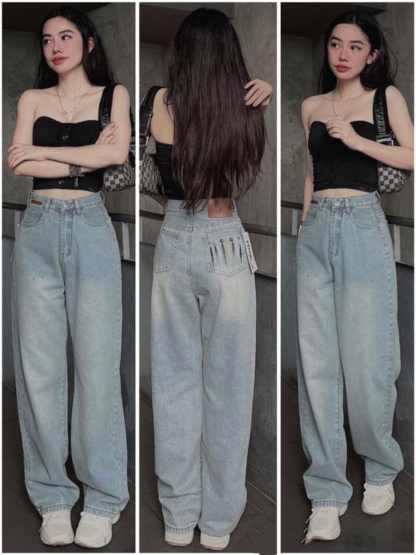 S-XL Quần Jean Suông - Quần Jean Ống Rộng Thêu Chữ Túi Sau Phối Vẹt Sơn Lưng Cao Ôm Eo Cá Tính QC Huyền Diệu Jeans FullSize S M L. Nữ Women quần jean quan boong