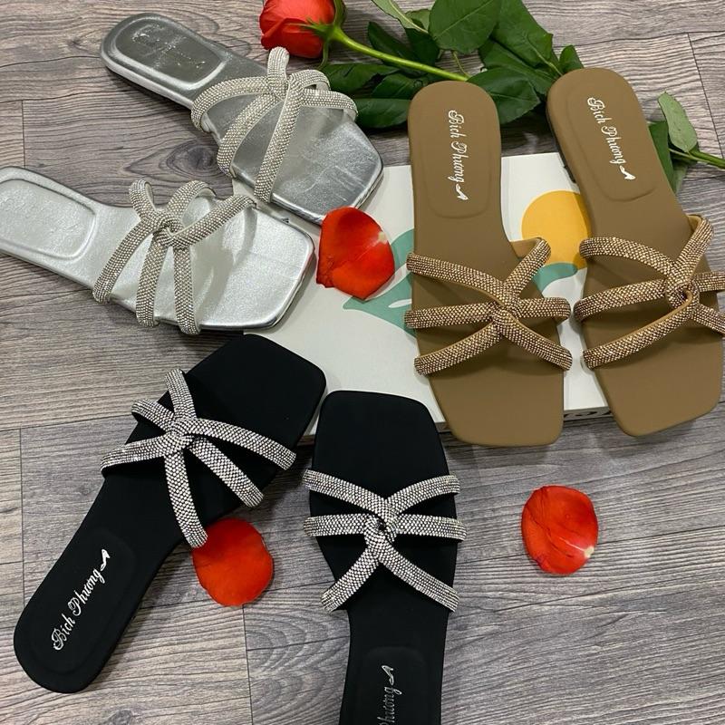  Dép Lê nữ mũi vuông 3 day xoàng sang chảnh êm chân ,3 dây đính đá đế TPR da su -  Mã  C01  Bích Phương 