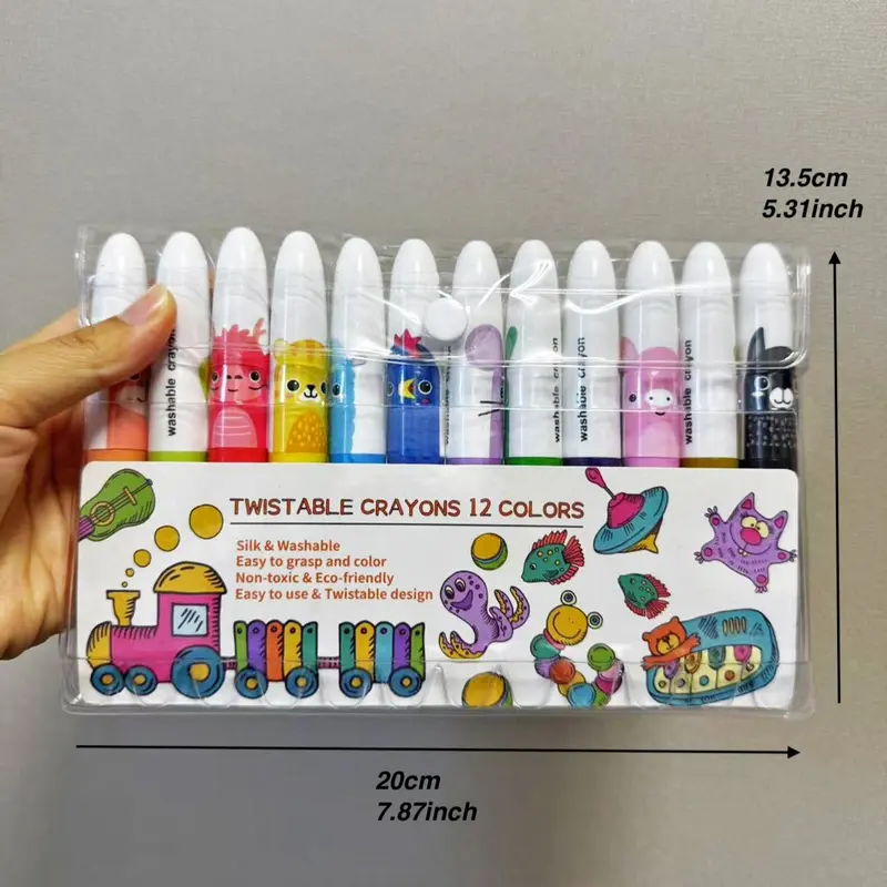 Cute Jumbo Crayons, 12pcs 12 Colors Non Toxic Twistable Crayons with Clear Bag, Washable Silky Crayons for Coloring Painting School Home Office, School Supplies, Art Supplies 1