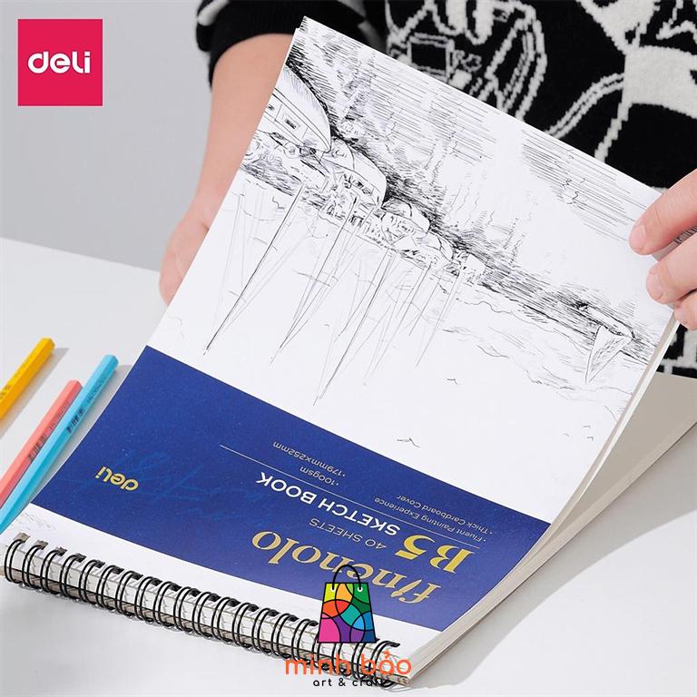 SỔ VẼ PHÁC THẢO SIZE B5 100GSM 80 TRANG DELI EN025, SKETCHBOOK GIẤY TRƠN GÁY XOẮN NGANG