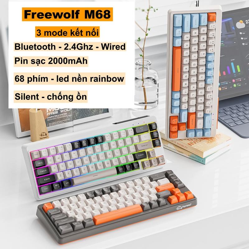 Bàn phím không dây Freewolf M68 không ồn kết nối 3 chế độ với thiết kế 68 phím led nền rainbow tích hợp pin sạc