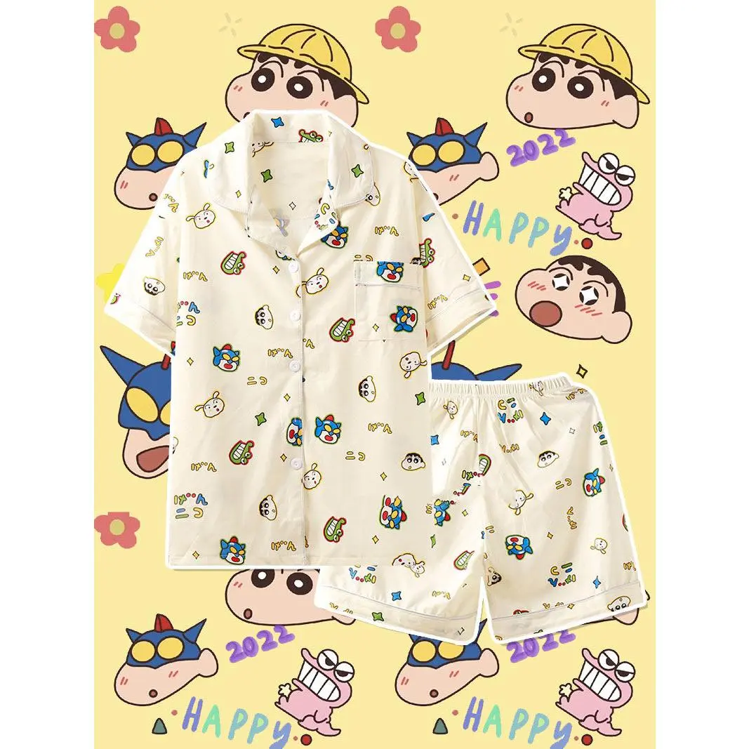 Crayon Xiaoxin 2024 New Milk Huhu Japanese Style Pajamas Female Summer Short Sleeve Shorts Cardigan Homewear Suit Loungewear Nightwear