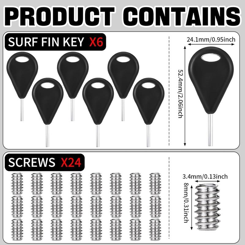 6 Pcs Surf Fin Key Surfing Surf Fin Key with 24 Pcs Fin Screws Universal Hexagon Surfboard Fin Key Replacement 4