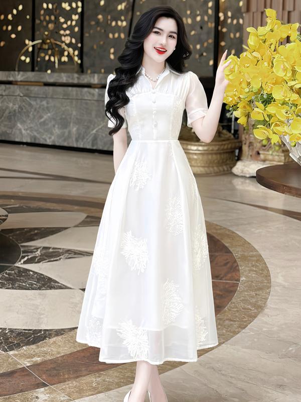 [MIỄN SHIP] MDU4288 Váy Tơ Hoa Thêu Nổi - Thiết Kế Thanh Lịch Sang Trọng Dành Cho Nữ Women Dress Màu Trắng