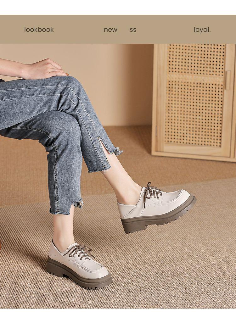 Product Introduction of Genuine Leather Loafers for Women 2024 Spring and Autumn New Soft Sole Thick Sole Lace-up Retro Single Shoes Versatile British JK Small Leather Shoes Women 21