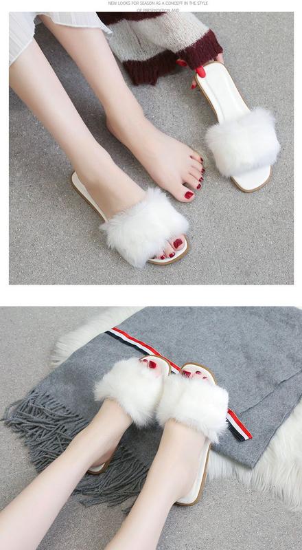Product Introduction of Kasut Wanita, Selipar Bulu Arnab, Fesyen, Gaya Korea, Tali Tunggal, Dilapisi Bulu, Selipar Kapas, Sandal Kaki Terbuka Rata, Sesuai untuk Musim Luruh dan Musim Sejuk, Ketibaan Baru 2020 6