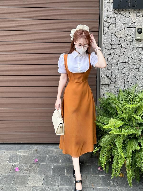 [FREESHIP] A25- Đầm váy Công Sở MIJU váy yếm liền đính cúc ngọc chất liệu cotton lạnh dày dặn, mềm mịn dáng xoè chữ A phù hợp đi làm đi tiệc đi chơi giáo viên Mijustore Women Dress Nữ Màu Nâu 6
