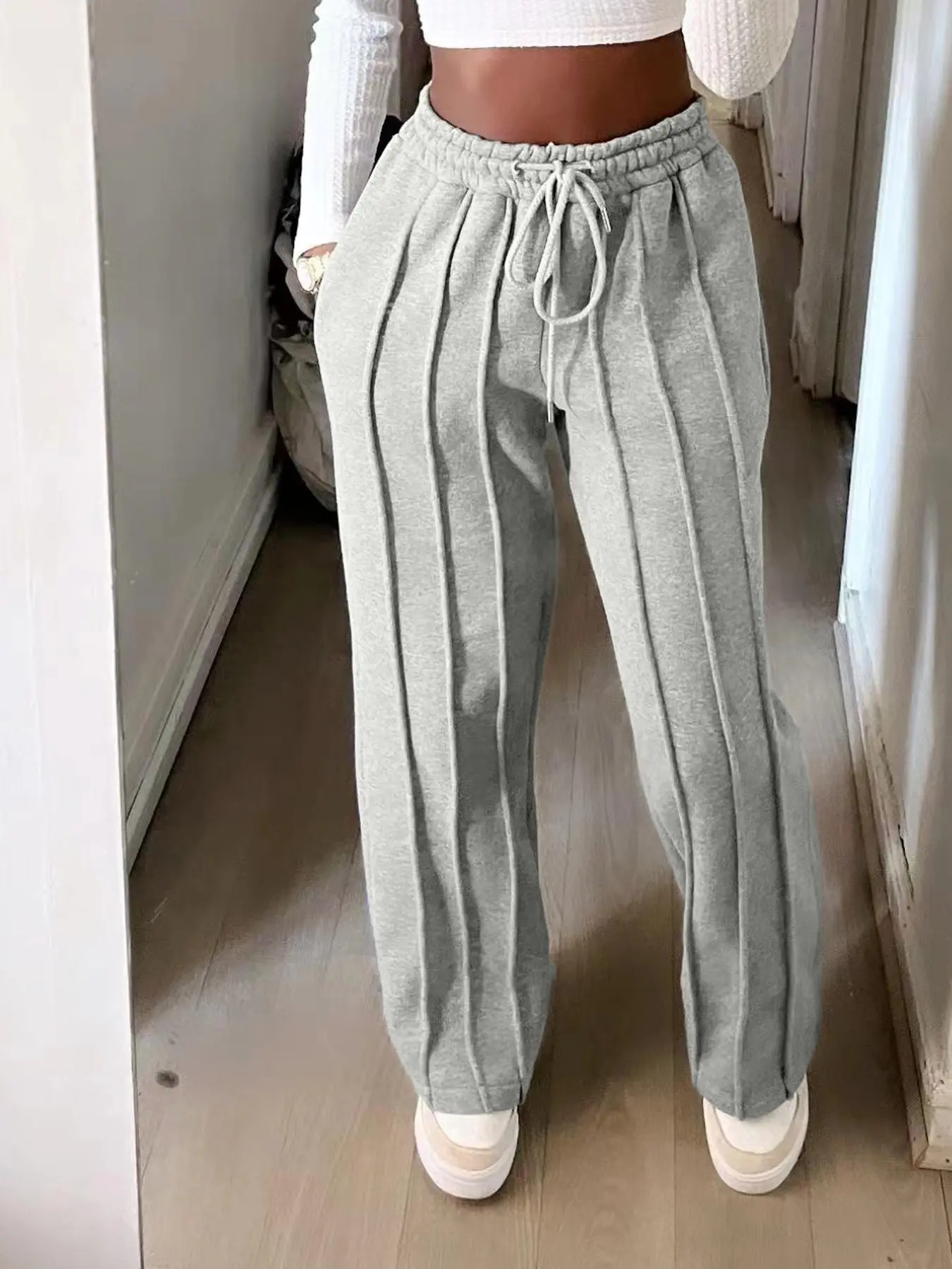 Women's Plain Plicated Drawstring Waist Straight Leg Pants, Casual Comfy Elastic Waist Pocket Trousers for Daily Wear, Vibrant Pants Women, Ladies Bottoms for All Seasons, Trousers for Women