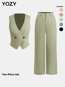 YOZY Women's Solid Button Front Vest & Wide Leg Pants Two-Piece Set, Elegant Fashion V Neck Sleeveless Top & Trousers for Daily Outdoor Wear, Travel