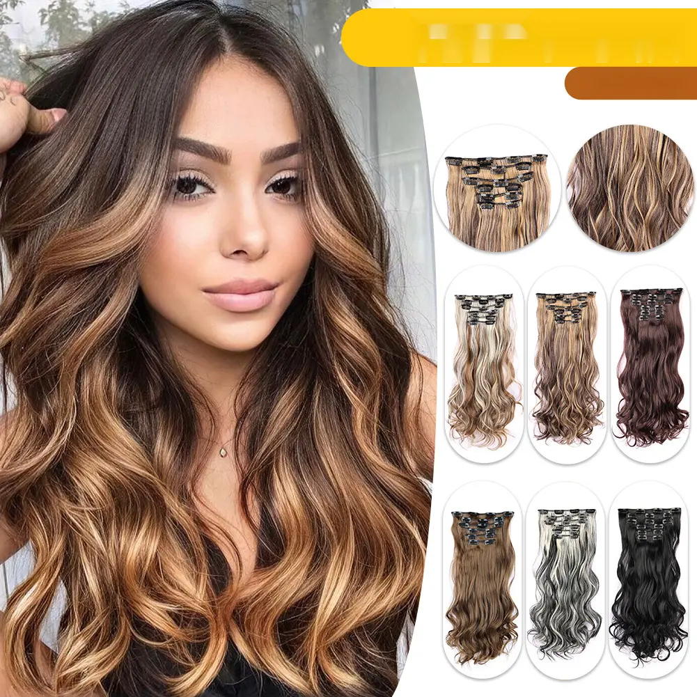 Foreign trade 16-card long curly hair 6-piece set hair extension wig chemical fiber big wave wig female 6-piece set haircut clip! 0059