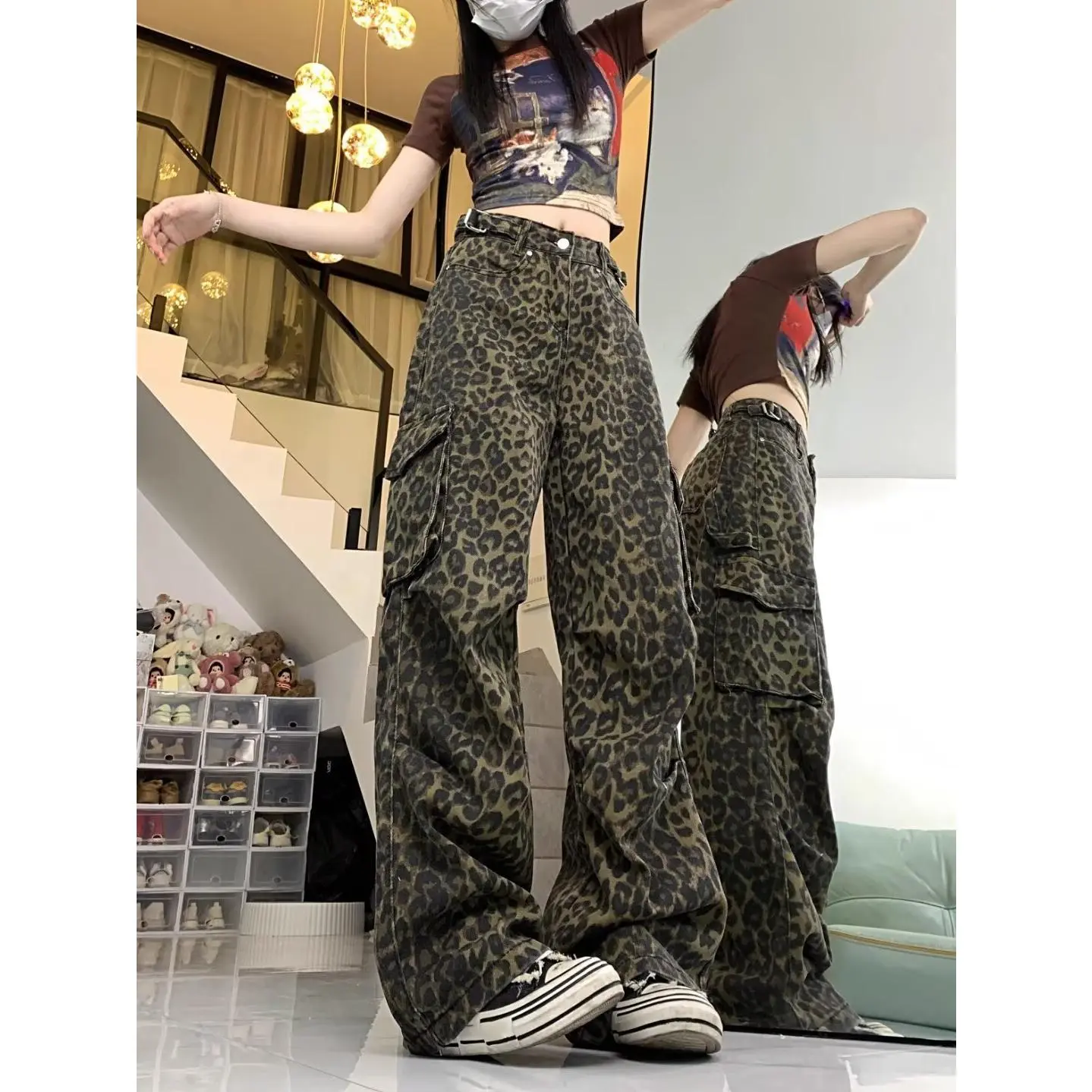 Quần Denim, Phong Cách Đi Lại, Bộ Sưu Tập Mới Mùa Thu Và Mùa Đông, Thương Hiệu Thời Trang, Họa Tiết Da Báo, Quần Nhảy Dù, Dáng Rộng, Ống Rộng, Quần Thường Ngày Bó Sát