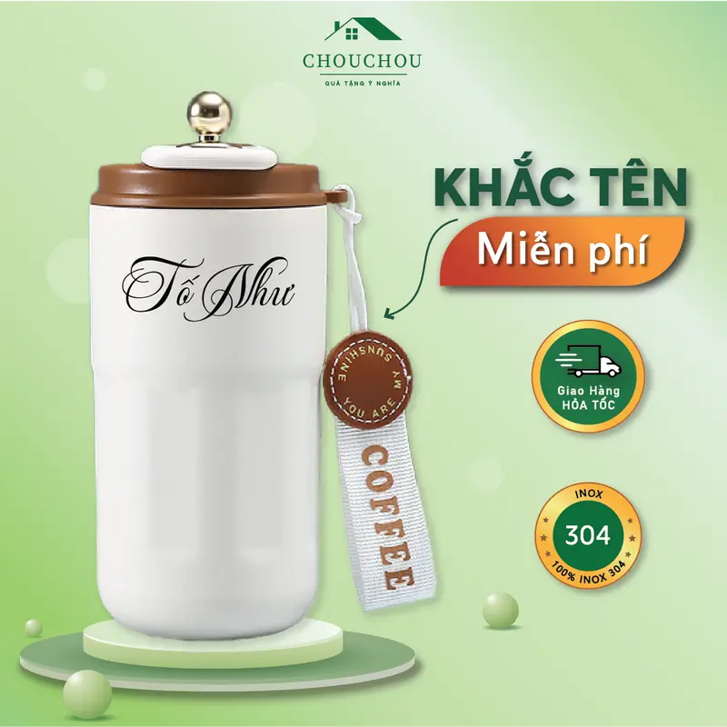 [Miễn Phí Khắc Tên] Cốc giữ nhiệt CHOUCHOU có LED hiển thị NHIỆT ĐỘ Inox 316, 420ml. 0
