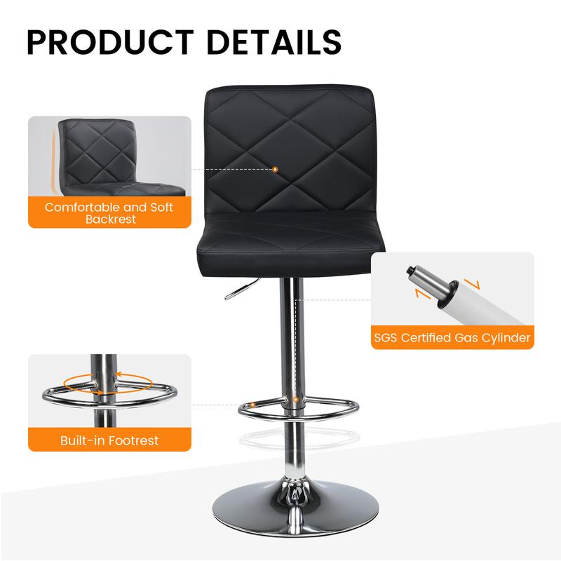 COMHOMA Bar Stools, Modern PU Leather Swivel, Adjustable Hydraulic Bar Stool, 16.1” Wide Base Square Counter Bar Stool, Set of 2