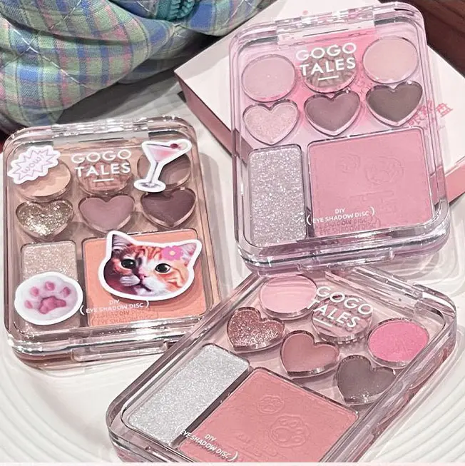 Bảng Phấn Mắt Kèm Highlight Và Má Hồng 3in1 GOGO TALES Trái Tim CAT THEME SERIES màu hồng pastel