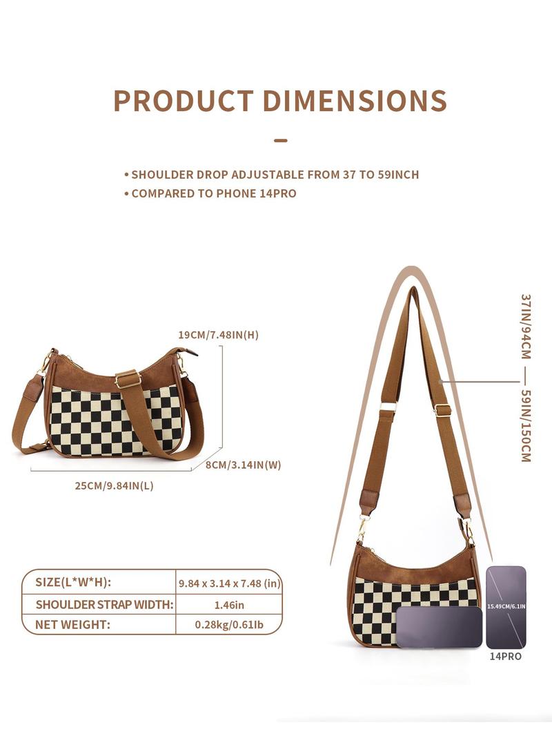 Product Introduction of Women's Checked Pattern Crossbody Bag, Fashionable PU Leather Hobo Bag with Adjustable Strap, Casual Versatile Shoulder Bag for Daily Used 8