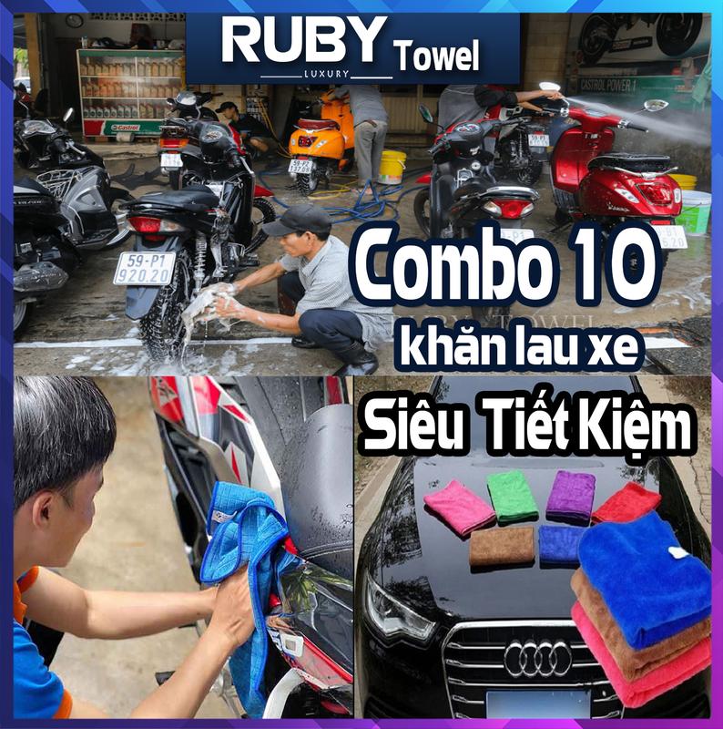 Combo 10 Khăn Lau Rửa Xe ô tô, xe máy chất khăn Microfiber Siêu Mềm Mịn kích thước 35x75cm - Lau Xe