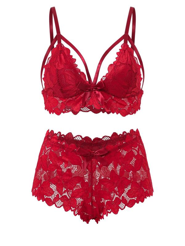 【Plus Size】 Bow Decor Lace Bra & Scallop Trim Brief Boxer Set, Naughty Lingerie, Push Up Lingerie & Sheer Panty, Underwear Set Super Push Up Bra, Festival Wear 2024, 2 Piece Set for Girls Women, Bralettes Top & Bottoms Set, Fall Clothes 0
