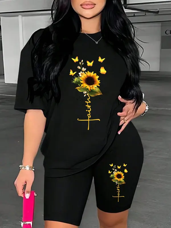 Women's Sunflower & Butterfly Print Tee & Skinny Shorts Two-piece Set, Casual Fashion Cozy Round Neck Short Sleeve T-shirt & Shorts for Daily Outdoor Wear, Ladies Summer Clothes, Suits 2