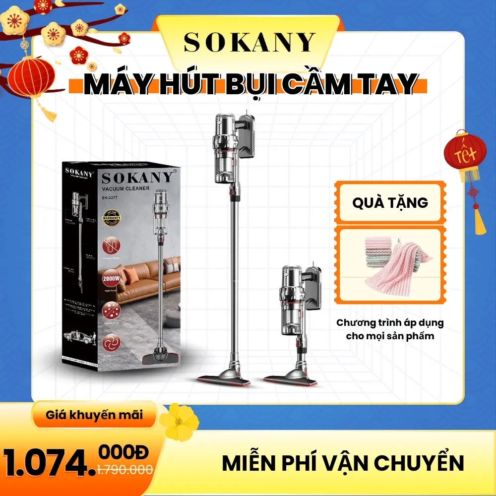 Máy hút bụi sạc pin không dây SOKANY SK-3377 lực hút mạnh 20000PA hút sạch mọi loại bụi bẩn [Tặng kèm 1 khăn lau]