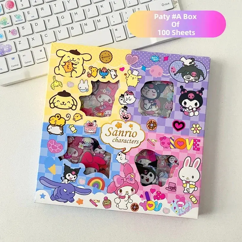 100pcs/Set Hello Kitty Sanrio Non-Repeating Sticker Cinnamoroll Kuromi Waterproof Stationery Sticker Gift Box Birthday Gift