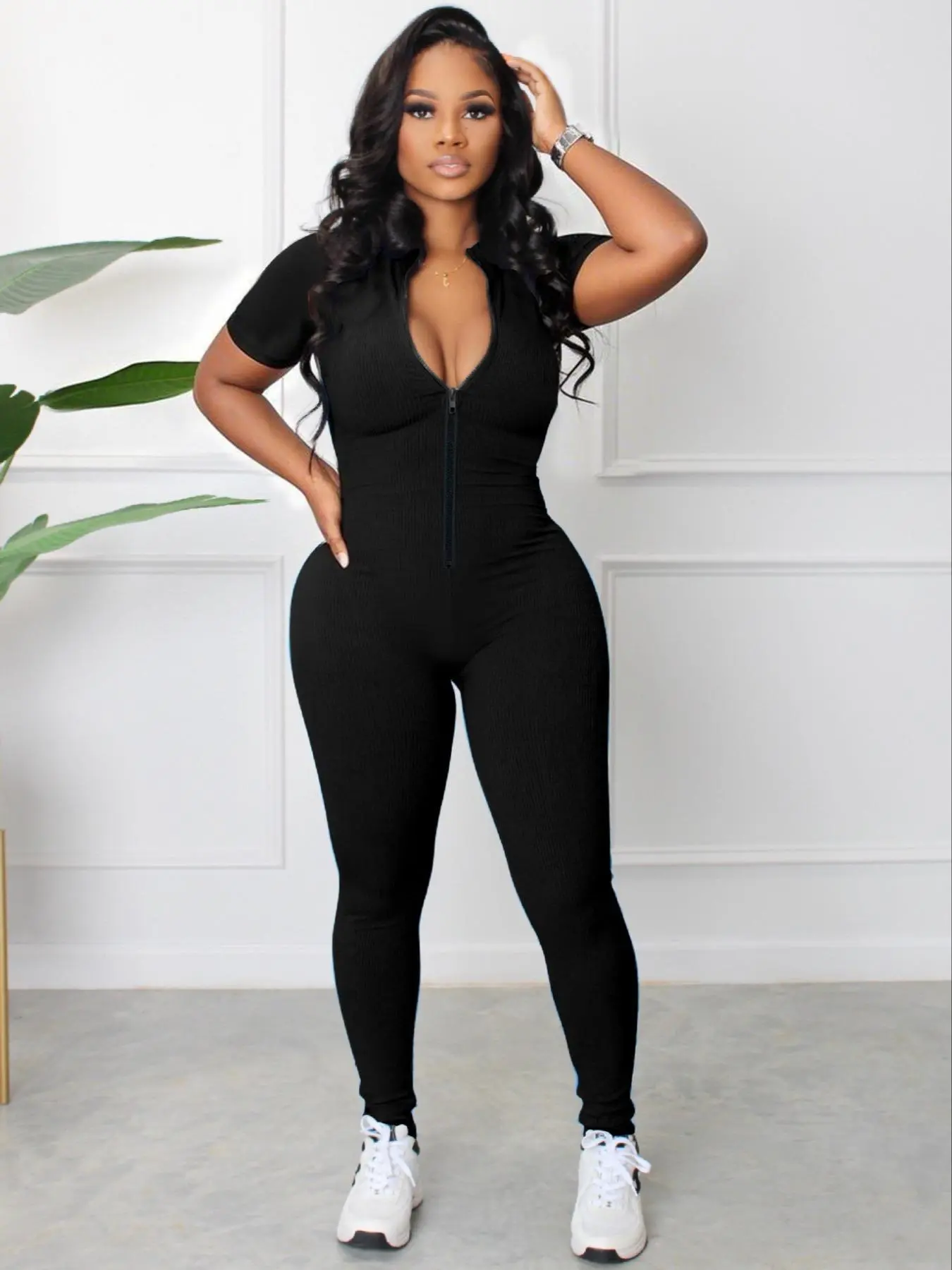 Women's Solid Zip Up Ribbed Romper, Chic Casual Comfy Sleeveless Skinny Romper for Summer, Women's Clothes for Daily Wear