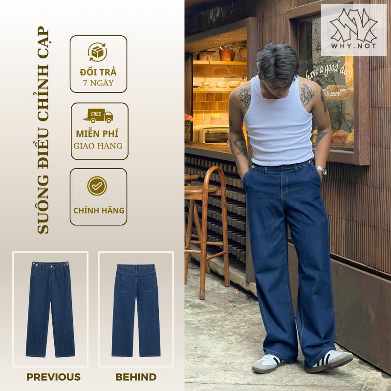 [WHY.NOT]Quần Jeans Ống Rộng Điều Chỉnh Cạp Màu Xanh Unisex Nam Nữ 2023-2024 JRCDCCT