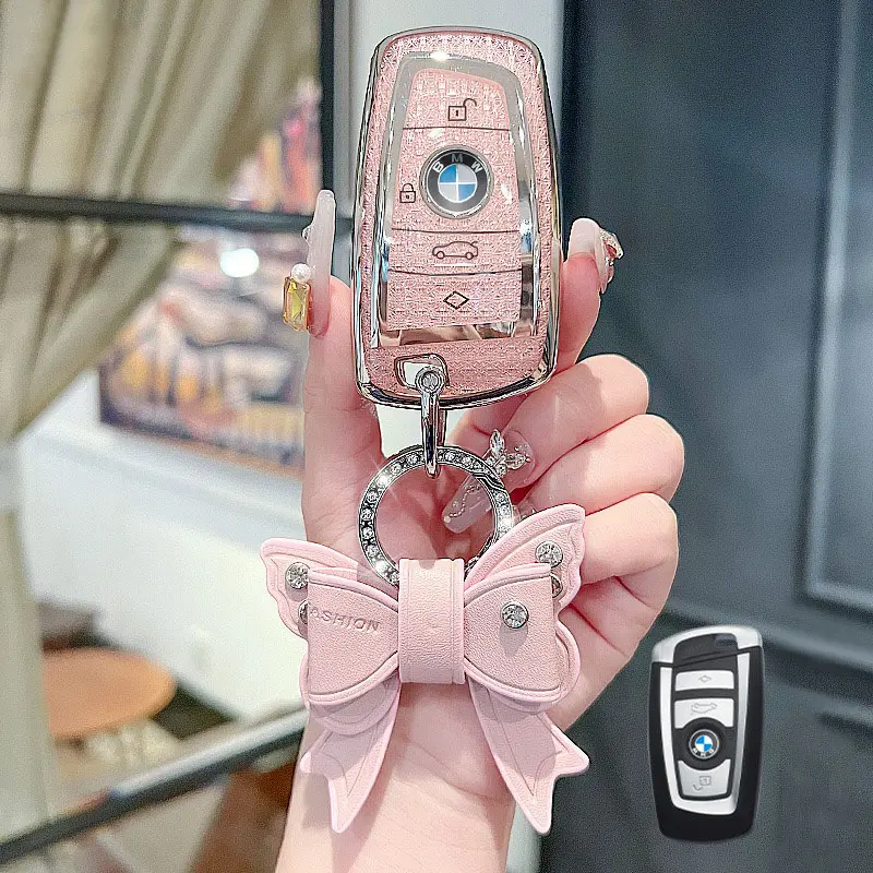 For BMW X1 X3 X4 X5 X6 528 328 M3 E90 E60 F30 F10 F15 E86 E89 E91 E92 Crystal Pattern Texture Car Key Case Cover Keychain