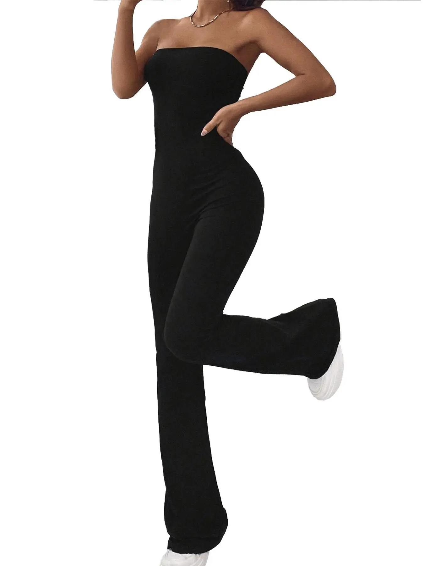 Women's Plain Backless Flare Leg Tube Jumpsuit, Casual Basic Comfort Sleeveless Bell Bottom Jumpsuit for Summer, Lady's Clothes for Daily Wear, Minimalist Womenswear