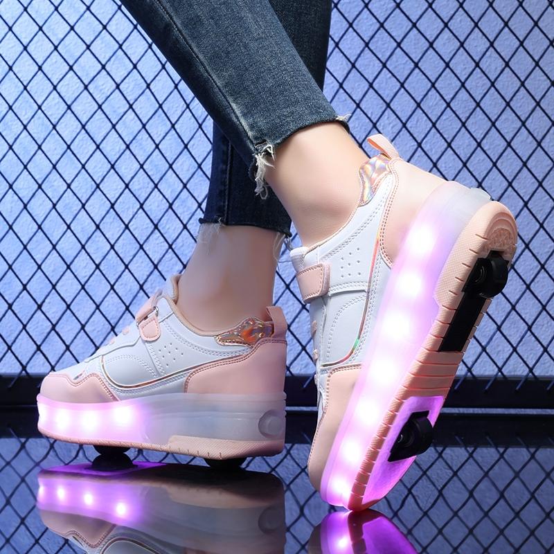 2024 New children's gift two-wheeled walking shoes Light dry comfortable convenient fast wear resistant Velcro double mesh breathable LED light wheel shoes skate shoes 1